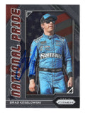 Patriotic National Pride insert styling showcases Brad Keselowski on this autographed 2023 Panini Prizm Racing NASCAR trading card. Featuring Keselowski's signature and an accompanying Certificate of Authenticity, this collectible celebrates the 2012 NASCAR Cup Series champion and RFK Racing No. 6 Ford driver and co-owner.