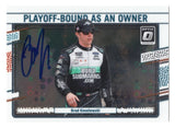 Brad Keselowski is featured on this autographed 2024 Donruss Optic Racing Playoff Bound As An Owner NASCAR trading card. Highlighting his achievements as an RFK Racing driver and co-owner, this collectible showcases Keselowski's signature, distinctive Optic styling, and an accompanying Certificate of Authenticity.