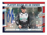 Vibrant red and blue styling highlights this autographed Brad Keselowski 2024 Donruss Racing Playoff Bound As An Owner NASCAR trading card. Featuring Keselowski's signature and a Certificate of Authenticity, this collectible celebrates his achievements as RFK Racing driver and co-owner and the team's 2023 playoff success.