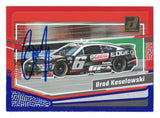 Bold red and blue parallel styling highlights this autographed Brad Keselowski 2024 Donruss Racing NASCAR trading card. Featuring Keselowski's signature and an accompanying Certificate of Authenticity, this collectible celebrates the 2012 NASCAR Cup Series champion and RFK Racing No. 6 Ford driver and co-owner.