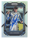 Front view of an autographed Carl Edwards 2023 Panini Prizm Racing Bristol Win Silver Prizm NASCAR trading card featuring the popular racing driver and his memorable Bristol victory. This collectible signed NASCAR card includes a Certificate of Authenticity and makes a great addition to any racing memorabilia collection.