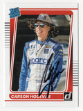 Autographed Carson Hocevar 2022 Donruss Racing Rated Rookie trading card from the NASCAR Truck Series, featuring modern card styling, clear signature, and detailed racing imagery, ideal for collectors and fans looking to add a rookie card of a rising driver to their collection.