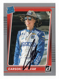 Autographed Carson Hocevar 2022 Donruss Racing Rated Rookie gray parallel trading card from NASCAR Truck Series, featuring modern card design, clear signature, and detailed racing imagery, ideal for collectors looking to add a rare rookie card of an emerging driver to their collection.