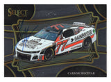 Autographed Carson Hocevar 2024 Panini Select Racing trading card featuring the #77 Gainbridge Spire Motorsports car from his NASCAR Cup Series rookie season, showcasing premium design, detailed racing imagery, and clear signature, ideal for collectors of modern NASCAR rookie collectibles.