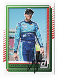 Autographed Carson Hocevar 2025 Donruss Racing trading card featuring the #77 Delaware Life Spire Motorsports NASCAR Cup Series car, showcasing modern card design, detailed racing imagery, and clear signature, ideal for collectors seeking a current driver collectible.