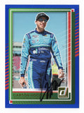 Autographed Carson Hocevar 2025 Donruss Racing Blue Parallel Insert trading card numbered 025 of 199 from Spire Motorsports, featuring vibrant blue design, detailed racing imagery, and clear signature, ideal for collectors seeking a limited NASCAR card of a rising Cup Series driver.