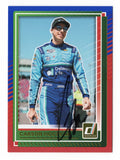 Autographed Carson Hocevar 2025 Donruss Racing Red and Blue Insert trading card from Spire Motorsports, featuring bold dual-color design, detailed racing imagery, and clear signature, ideal for collectors seeking a visually striking modern NASCAR card of a rising Cup Series driver.