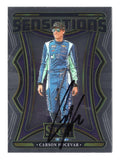 Autographed Carson Hocevar 2025 Panini Select Racing Sensations insert trading card from Spire Motorsports, featuring premium design, detailed racing imagery, and clear signature, ideal for collectors looking to add a unique modern NASCAR insert of a rising Cup Series driver.