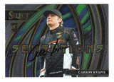 Carson Kvapil is showcased on this autographed 2024 Panini Select Racing Sensations Rookie NASCAR trading card with distinctive insert styling. Featuring Kvapil's signature and accompanied by a Certificate of Authenticity, this collectible celebrates the two-time CARS Tour Late Model Stock Car champion and emerging JR Motorsports talent.