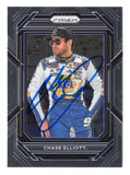 Autographed Chase Elliott 2023 Panini Prizm Racing trading card featuring the #9 NAPA Hendrick Motorsports NASCAR Cup Series car, showcasing modern Prizm design, detailed racing imagery, and clear signature, ideal for collectors looking to add a top driver to their NASCAR collection.