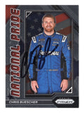 Patriotic National Pride insert styling showcases Chris Buescher on this autographed 2023 Panini Prizm Racing NASCAR trading card. Featuring Buescher's signature and accompanied by a Certificate of Authenticity, this collectible celebrates the RFK Racing No. 17 Ford driver and his accomplishments as a NASCAR Xfinity Series champion.