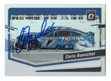 Shimmering Silver Prizm styling highlights this autographed Chris Buescher 2024 Donruss Optic Racing Richmond Burnout NASCAR trading card. Celebrating his memorable 2023 Richmond Raceway victory burnout, the card features Buescher's signature and includes a Certificate of Authenticity, making it a distinctive collectible for RFK Racing fans.