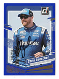 Vibrant blue color-match styling highlights this autographed Chris Buescher 2024 Donruss Racing NASCAR trading card. Featuring the RFK Racing No. 17 Ford driver's signature and individual serial number #010/199, this numbered Blue parallel includes a Certificate of Authenticity and offers distinctive appeal for NASCAR autograph collectors.