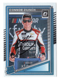 Front view of an autographed Connor Zilisch 2025 Donruss Optic Racing Rated Rookie NASCAR trading card featuring the rising motorsports star and the recognizable Rated Rookie design. This signed collectible includes a Certificate of Authenticity and makes an exciting addition to any NASCAR memorabilia or rookie trading card collection.