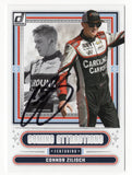 Front view of an autographed Connor Zilisch 2025 Donruss Racing Coming Attractions NASCAR trading card featuring the rising motorsports star and distinctive Coming Attractions insert design. This signed racing collectible includes a Certificate of Authenticity and makes an exciting addition to any NASCAR memorabilia or autographed trading card collection.