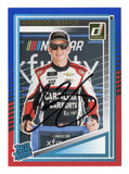 Front view of an autographed Connor Zilisch 2025 Donruss Racing Rated Rookie Red & Blue Insert NASCAR trading card featuring the rising motorsports star and distinctive red and blue design. This signed rookie collectible includes a Certificate of Authenticity and makes an exciting addition to any NASCAR trading card collection.
