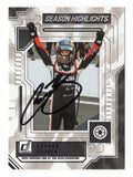 Front view of an autographed Connor Zilisch 2025 Donruss Racing Season Highlights NASCAR trading card featuring the rising motorsports star and distinctive Season Highlights design. This signed racing collectible includes a Certificate of Authenticity and makes an exciting addition to any NASCAR memorabilia or autographed trading card collection.