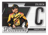 Front view of an autographed Connor Zilisch 2025 Donruss Racing Spellbound Letter C NASCAR trading card featuring the rising motorsports star and distinctive Spellbound letter design. This signed racing collectible includes a Certificate of Authenticity and makes an exciting addition to any NASCAR memorabilia or Spellbound trading card collection.