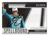 Front view of an autographed Connor Zilisch 2025 Donruss Racing Spellbound Letter I NASCAR trading card featuring the rising motorsports star and distinctive Spellbound letter design. This signed racing collectible includes a Certificate of Authenticity and makes an exciting addition to any NASCAR memorabilia or Spellbound trading card collection.