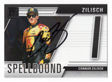 Front view of an autographed Connor Zilisch 2025 Donruss Racing Spellbound Letter I KOA NASCAR trading card featuring the rising motorsports star and distinctive Spellbound letter design. This signed racing collectible includes a Certificate of Authenticity and makes an exciting addition to any NASCAR memorabilia or Spellbound trading card collection.
