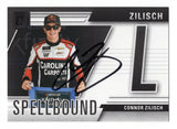 Front view of an autographed Connor Zilisch 2025 Donruss Racing Spellbound Letter L NASCAR trading card featuring the rising motorsports star and distinctive Spellbound letter design. This signed racing collectible includes a Certificate of Authenticity and makes an exciting addition to any NASCAR memorabilia or Spellbound trading card collection.