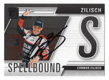 Front view of an autographed Connor Zilisch 2025 Donruss Racing Spellbound Letter S NASCAR trading card featuring the rising motorsports star and distinctive Spellbound letter design. This signed racing collectible includes a Certificate of Authenticity and makes an exciting addition to any NASCAR memorabilia or Spellbound trading card collection.