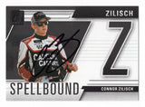 Front view of an autographed Connor Zilisch 2025 Donruss Racing Spellbound Letter Z NASCAR trading card featuring the rising motorsports star and distinctive Spellbound letter design. This signed racing collectible includes a Certificate of Authenticity and makes an exciting addition to any NASCAR memorabilia or Spellbound trading card collection.
