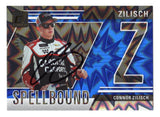 Front view of an autographed Connor Zilisch 2025 Donruss Racing Spellbound Letter Z Blue Xplosion NASCAR trading card, individually numbered 39/49. Featuring the distinctive Spellbound letter design and striking blue parallel styling, this limited-edition signed racing collectible includes a Certificate of Authenticity for NASCAR memorabilia collectors.