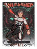 Front view of an autographed Connor Zilisch 2025 Donruss Racing Unleashed NASCAR trading card featuring the rising motorsports star and bold Unleashed insert artwork. This signed racing collectible includes a Certificate of Authenticity and makes an exciting addition to any NASCAR memorabilia or autographed trading card collection.