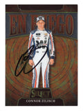 Front view of an autographed Connor Zilisch 2025 Panini Select Racing En Fuego NASCAR trading card featuring the rising motorsports star and fiery En Fuego insert artwork. This signed racing collectible includes a Certificate of Authenticity and makes an exciting addition to any NASCAR memorabilia or autographed trading card collection.