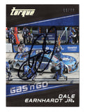 Autographed Dale Earnhardt Jr. 2016 Panini Torque Racing Gas N' Go NASCAR trading card featuring the distinctive pit road-themed insert design. Individually serial numbered #18/99, this signed collectible includes a Certificate of Authenticity and celebrates the popular No. 88 Hendrick Motorsports Chevrolet driver and two-time Daytona 500 champion.