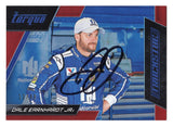 Autographed Dale Earnhardt Jr. 2017 Panini Torque Racing Trackside Red NASCAR trading card featuring the distinctive Trackside insert design and striking red parallel styling. Individually serial numbered #13/49, this signed collectible includes a Certificate of Authenticity and celebrates the No. 88 Hendrick Motorsports Chevrolet driver during his final full-time Cup Series season.