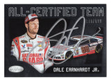 Autographed Dale Earnhardt Jr. 2018 Panini Certified Racing All-Certified Team NASCAR trading card featuring the distinctive All-Certified Team insert design. Individually serial numbered #120/199, this signed collectible includes a Certificate of Authenticity and celebrates the legendary two-time Daytona 500 champion and former No. 88 Hendrick Motorsports Chevrolet driver.
