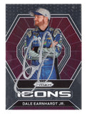 Autographed Dale Earnhardt Jr. 2022 Panini Prizm Racing Icons NASCAR trading card featuring the distinctive Icons insert design and signature of the legendary two-time Daytona 500 champion. This signed collectible includes a Certificate of Authenticity and celebrates Earnhardt Jr.'s remarkable career with Dale Earnhardt, Inc. and Hendrick Motorsports.