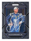 Autographed Dale Earnhardt Jr. 2023 Panini Prizm Racing NASCAR trading card featuring the distinctive Panini Prizm design and signature of the legendary two-time Daytona 500 champion. This signed collectible includes a Certificate of Authenticity and celebrates Earnhardt Jr.'s memorable NASCAR career with Dale Earnhardt, Inc. and Hendrick Motorsports.