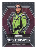 Front view of an autographed Danica Patrick 2022 Panini Prizm Racing Icons NASCAR trading card featuring the groundbreaking motorsports driver and distinctive Icons insert design. This signed racing collectible includes a Certificate of Authenticity and makes an exciting addition to any NASCAR memorabilia or autographed trading card collection.