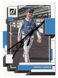 Daniel Suarez appears on this autographed 2023 Donruss Racing NASCAR trading card featuring the recognizable Donruss design. Signed by the historic NASCAR Xfinity Series champion and Trackhouse Racing driver, this collectible includes a Certificate of Authenticity and offers an exciting addition to any Daniel Suarez autograph collection.
