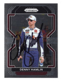 Autographed Denny Hamlin 2022 Panini Prizm Racing trading card featuring the #11 FedEx Joe Gibbs Racing NASCAR Cup Series car, showcasing modern chrome-style design, detailed racing imagery, and clear signature, ideal for collectors seeking a top-tier NASCAR driver collectible.