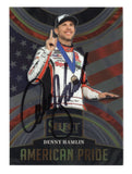 Autographed Denny Hamlin 2024 Panini Select Racing American Pride LA Coliseum Win NASCAR trading card with Certificate of Authenticity and a rigid, plastic toploader included for protection and display. A premium collectible that makes a great gift for racing fans and memorabilia collectors.