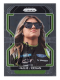 Front view of an autographed Hailie Deegan 2022 Panini Prizm Racing NASCAR trading card featuring the popular motorsports driver and distinctive Panini Prizm design. This signed racing collectible includes a Certificate of Authenticity and makes an exciting addition to any NASCAR memorabilia or autographed trading card collection.