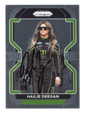 Front view of an autographed Hailie Deegan 2022 Panini Prizm Racing Monster NASCAR trading card featuring the popular motorsports driver and recognizable Monster Energy sponsorship. This signed racing collectible includes a Certificate of Authenticity and makes an exciting addition to any NASCAR memorabilia or autographed trading card collection.