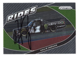 Front view of an autographed Hailie Deegan 2022 Panini Prizm Racing Rides NASCAR trading card featuring the popular motorsports driver and distinctive Rides insert design. This signed racing collectible includes a Certificate of Authenticity and makes an exciting addition to any NASCAR memorabilia or autographed trading card collection.