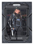 Front view of an autographed Hailie Deegan 2023 Panini Prizm Racing NASCAR trading card featuring the popular motorsports driver and recognizable Panini Prizm card styling. This signed collectible includes a Certificate of Authenticity and appeals to NASCAR fans, racing memorabilia enthusiasts, and collectors of autographed trading cards.