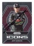 Front view of an autographed Jeff Gordon 2022 Panini Prizm Racing Icons NASCAR trading card featuring the four-time Cup Series champion and distinctive Icons insert design. This signed racing collectible includes a Certificate of Authenticity and appeals to Jeff Gordon fans, NASCAR enthusiasts, and collectors of autographed trading cards.