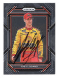 Front view of an autographed Joey Logano 2023 Panini Prizm Racing NASCAR trading card featuring the Team Penske driver and distinctive Panini Prizm card design. This signed collectible includes a Certificate of Authenticity and appeals to Joey Logano fans, NASCAR enthusiasts, and collectors of autographed racing trading cards.