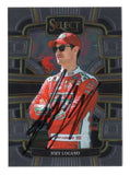 Front view of an autographed Joey Logano 2024 Panini Select Racing Grandstand NASCAR trading card featuring the three-time Cup Series champion and distinctive Grandstand insert design. This signed racing collectible includes a Certificate of Authenticity and appeals to Joey Logano fans, Team Penske supporters, and NASCAR trading card collectors.