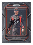 Front view of an autographed Josh Berry 2023 Panini Prizm Racing NASCAR trading card featuring the talented NASCAR driver and distinctive Panini Prizm card design. This signed collectible includes a Certificate of Authenticity and appeals to Josh Berry fans, NASCAR enthusiasts, and collectors of autographed racing trading cards.