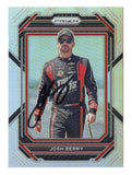 Front view of an autographed Josh Berry 2023 Panini Prizm Racing Silver Prizm NASCAR trading card featuring the talented NASCAR driver and distinctive reflective silver parallel design. This signed collectible includes a Certificate of Authenticity and appeals to Josh Berry fans, NASCAR enthusiasts, and collectors of autographed racing trading cards.