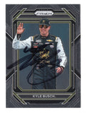 Autographed Kyle Busch 2023 Panini Prizm Racing trading card featuring the #8 RCR 3CHI Camaro NASCAR paint scheme with vibrant Prizm styling and included COA. A rare collectible for NASCAR fans, sports card collectors, and Kyle Busch memorabilia enthusiasts.