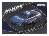 Front view of an autographed Kyle Larson 2022 Panini Prizm Racing Rides NASCAR trading card featuring his #5 Hendrick Motorsports race car and distinctive Rides insert design. This signed collectible includes a Certificate of Authenticity and appeals to Kyle Larson fans, NASCAR enthusiasts, and racing memorabilia collectors.